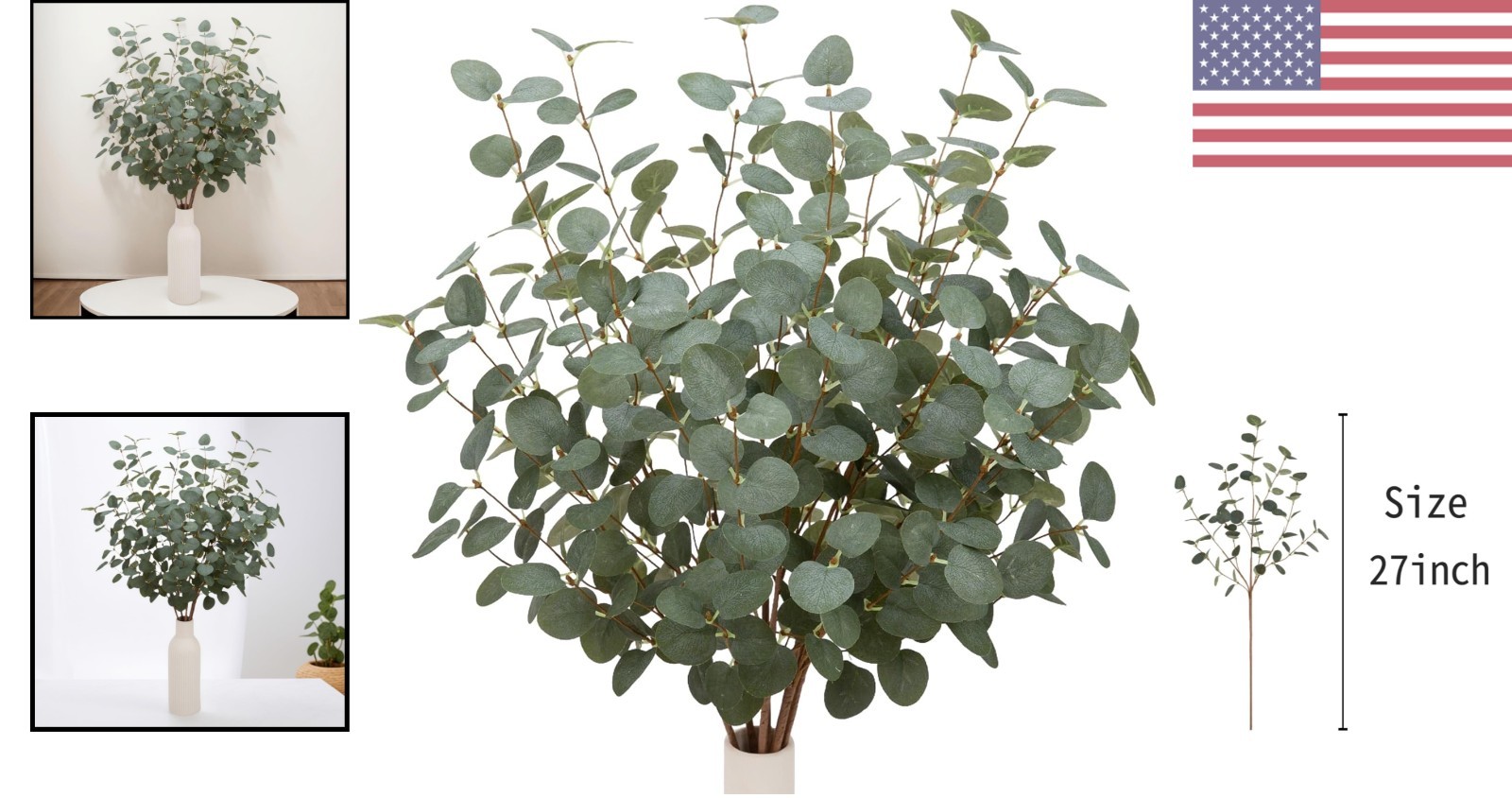 27″ Dark Green Silk Eucalyptus Stems – Versatile Silk Floral Decor, 6 Pcs
