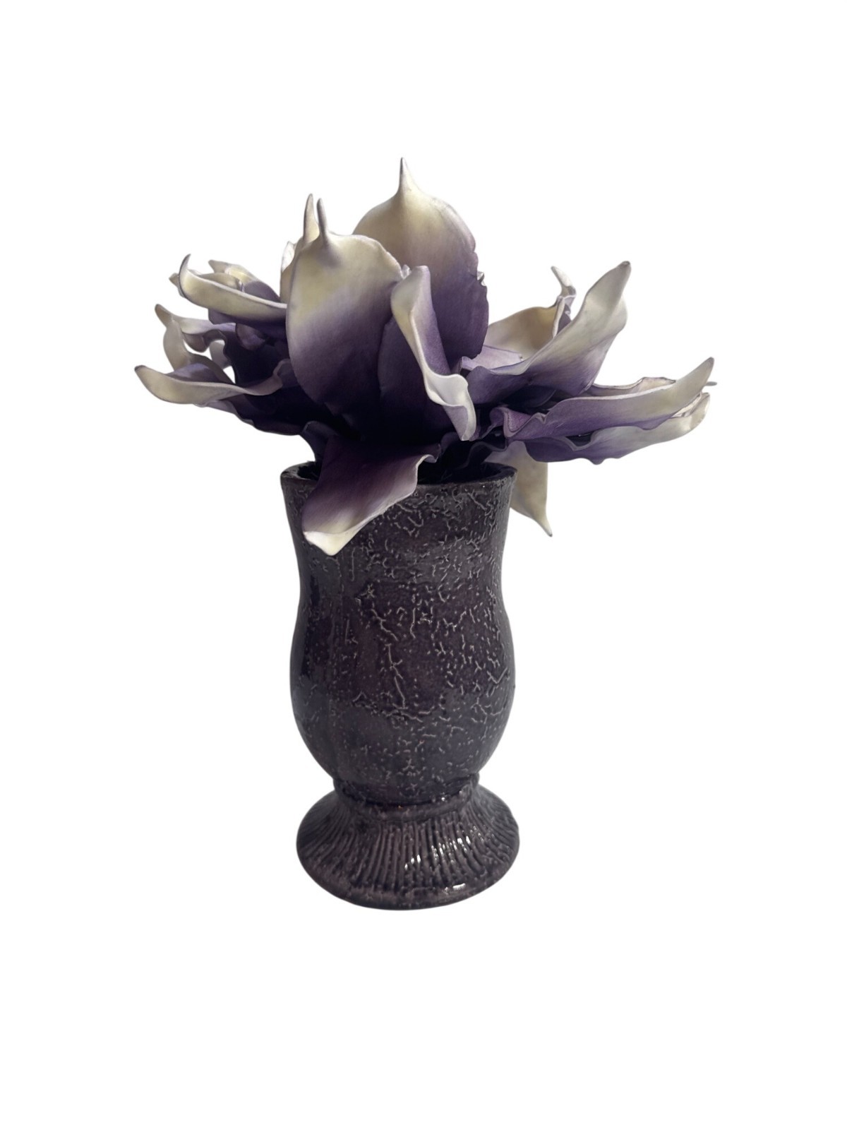 Purple White Artificial Calla Lily Petals In Textured Ceramic Vase Centerpiece D