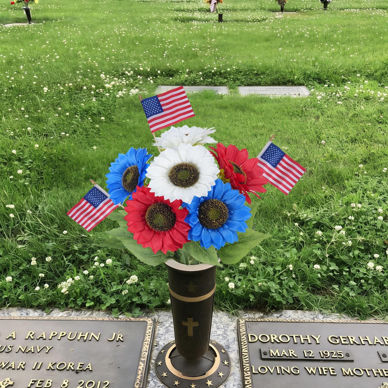 6PCS Patriotic Sunflower Bouquet – Red White and Blue Flowers with 3 American…