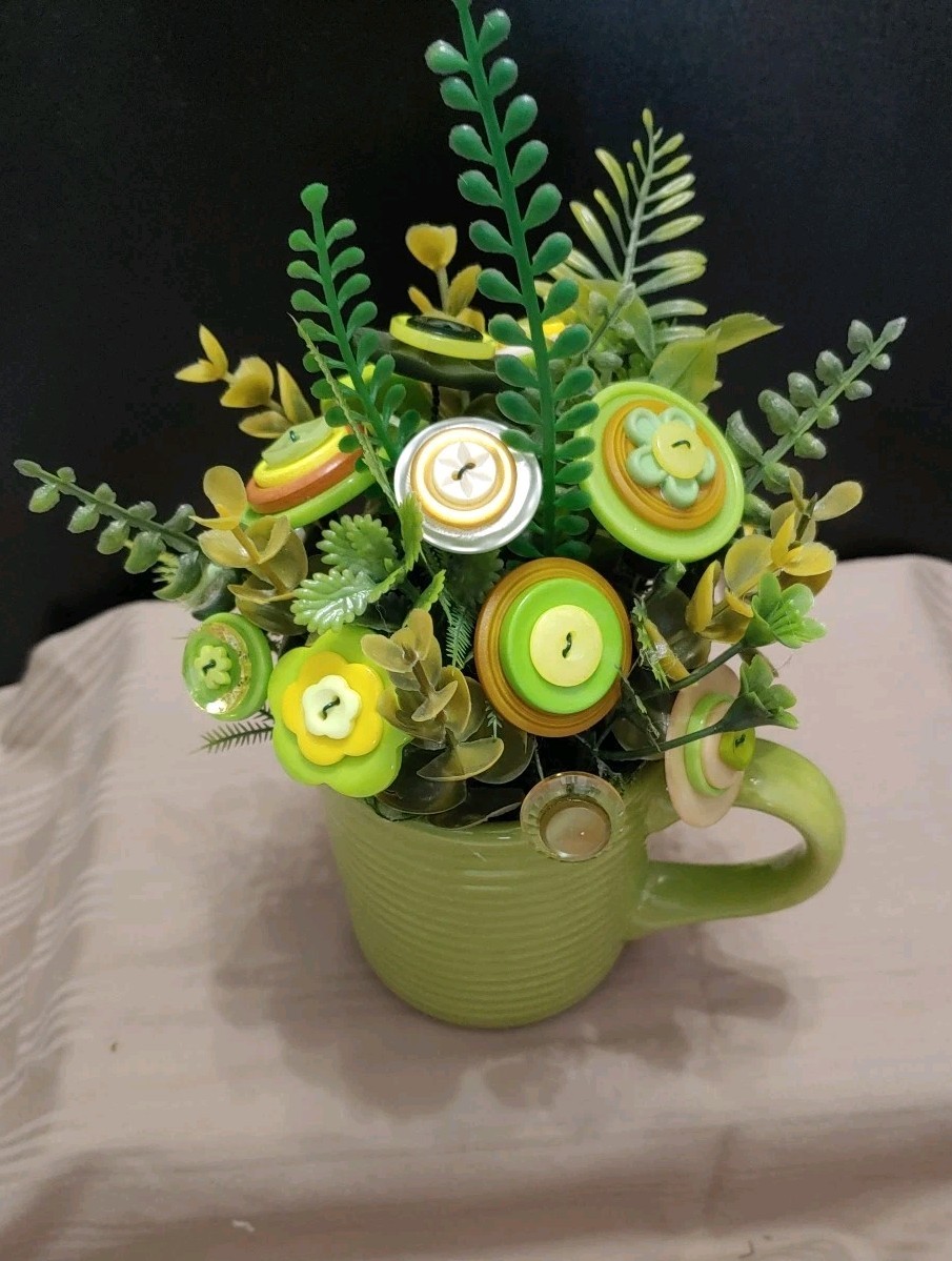 Green Yellow Button Flower Bouquet In Lime Green Coffee Mug Vintage