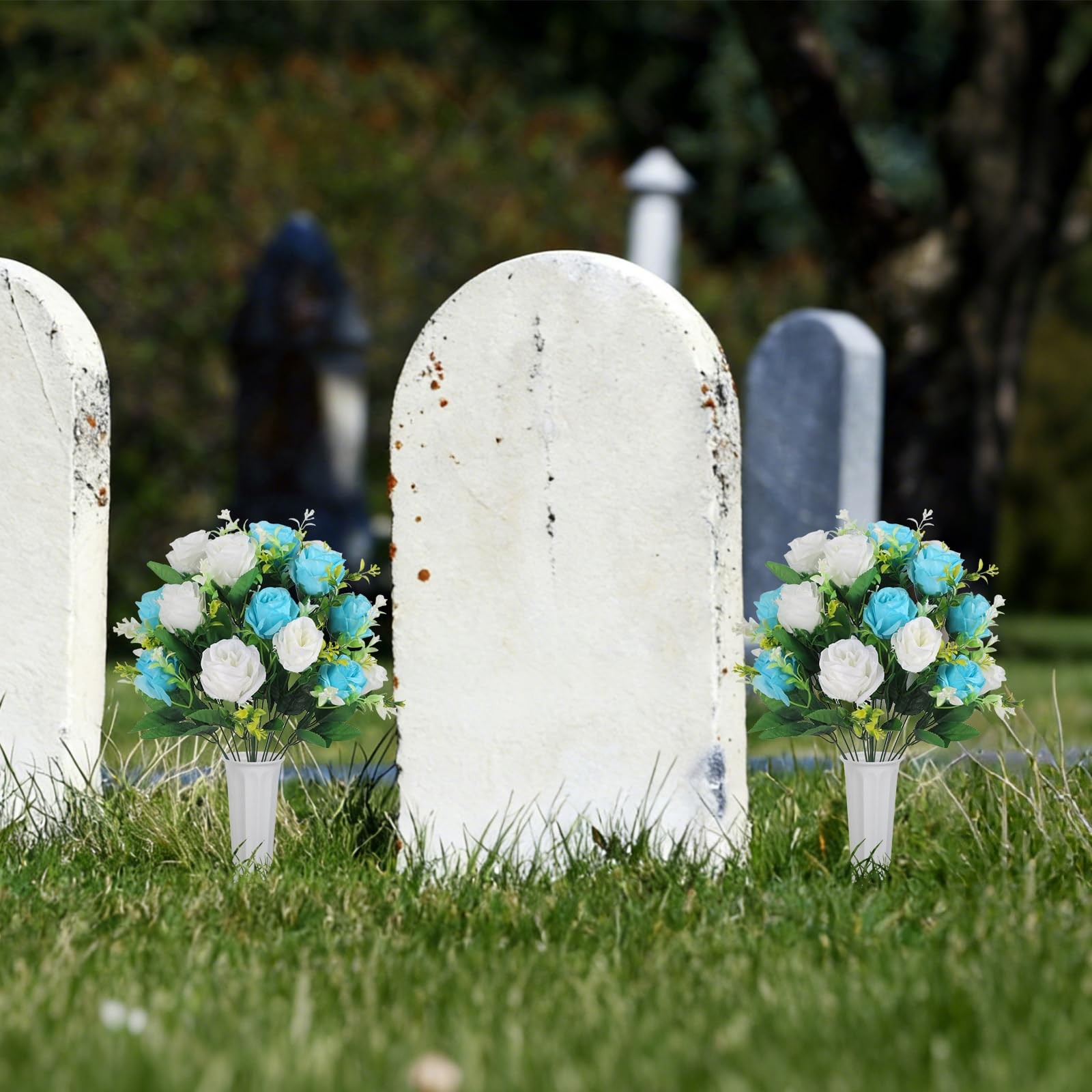 Cemetery Flowers with Vase 2 Pack Artificial Flowers for Cemetery, Silk Roses…