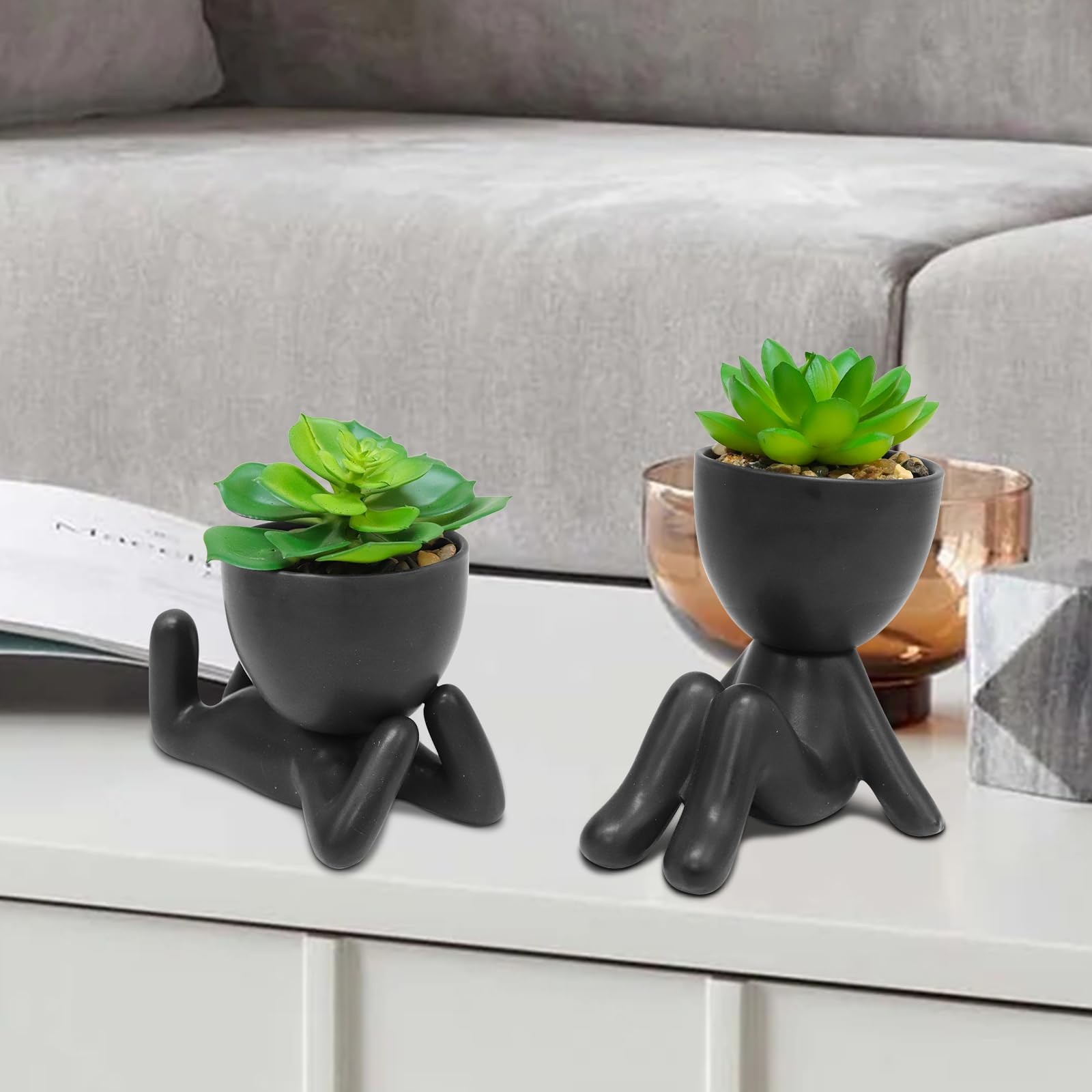 2 PCS Cute Mini Artificial Succulent Plants W/ Black Human Shaped Pots Desk