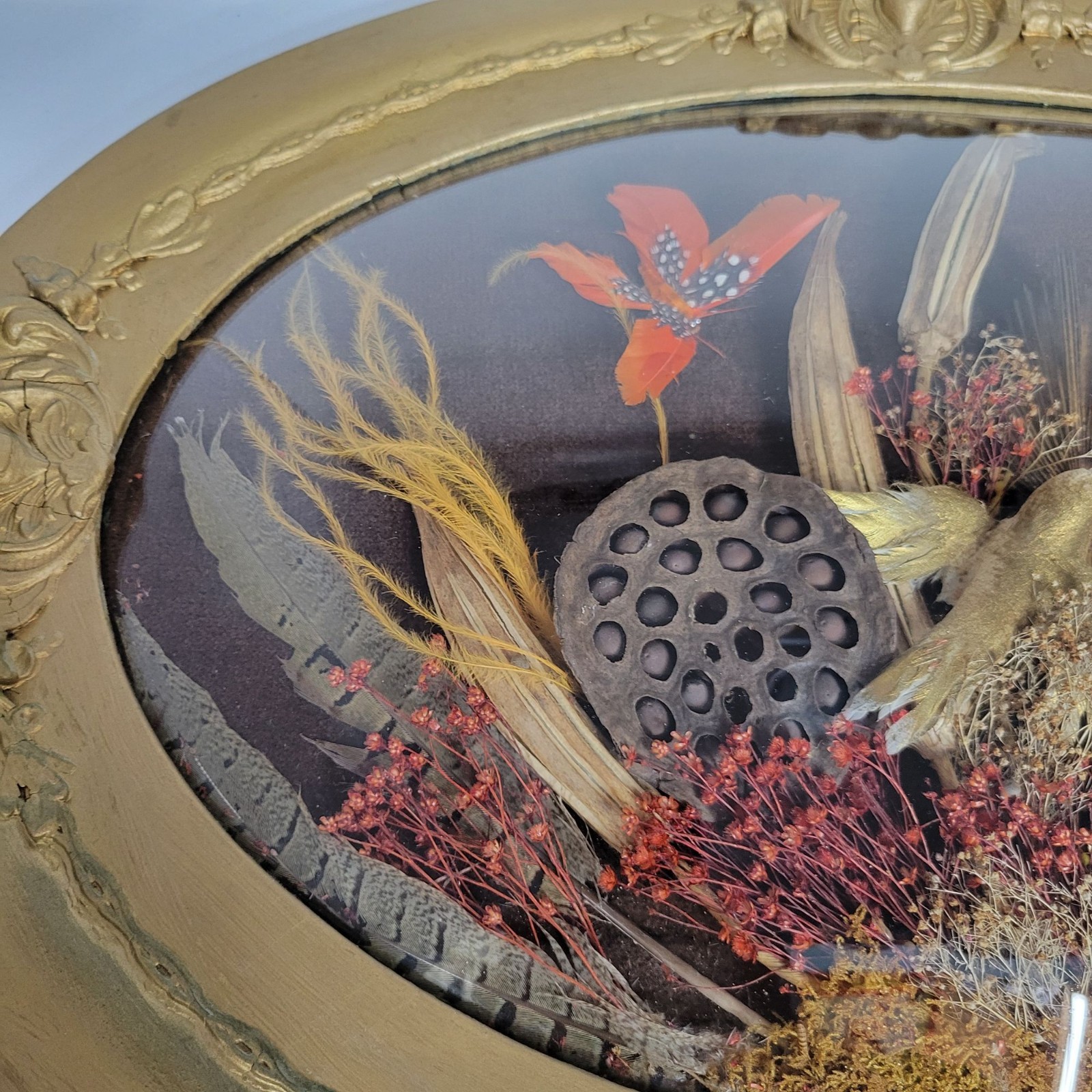 Vintage Oval Framed Bubble Glass Dried Flower Arrangement Wall Art Decor 25″x19″