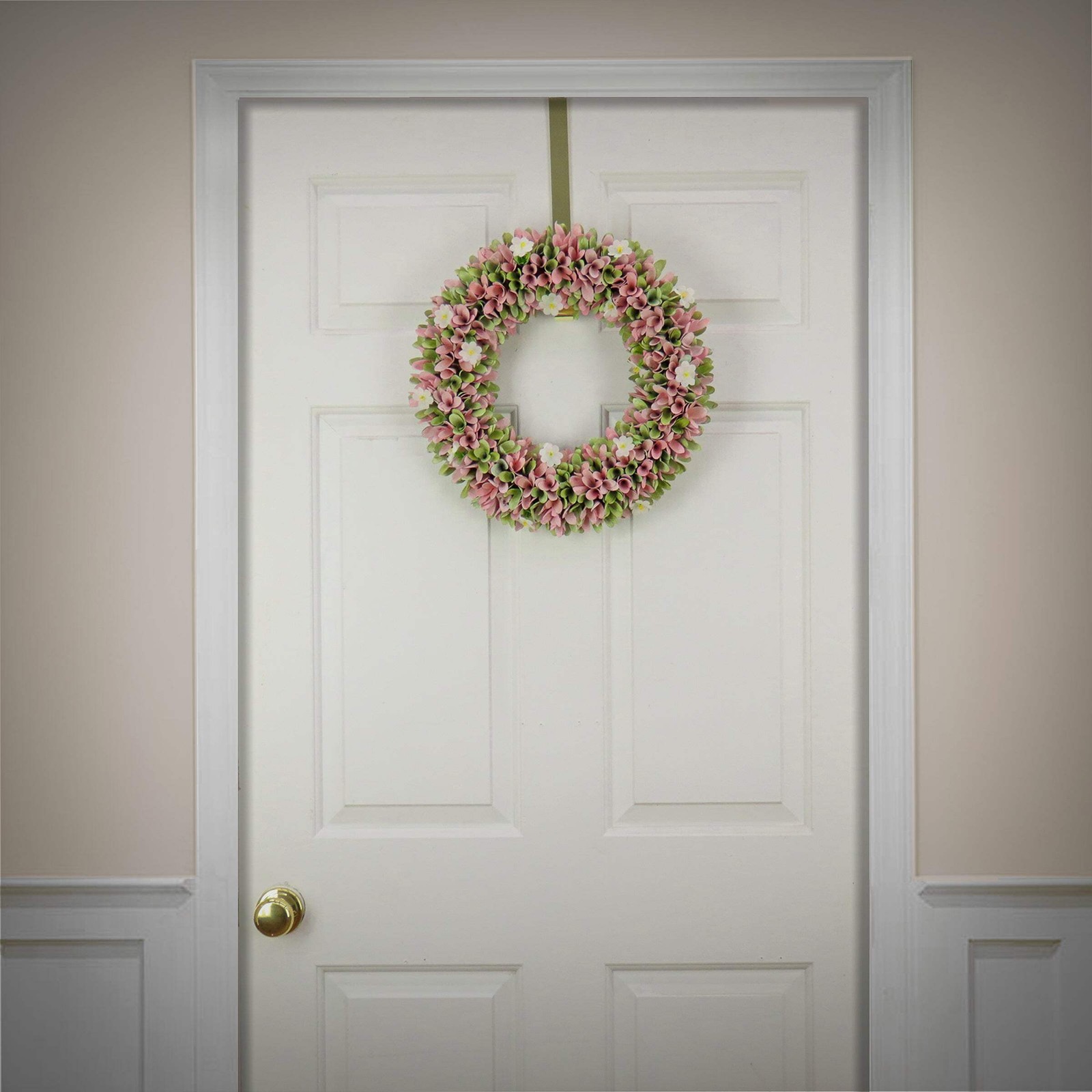 18 in. Spring Wreath with Pink and Green Assorted Wood Cut Flowers, Flowing Gree