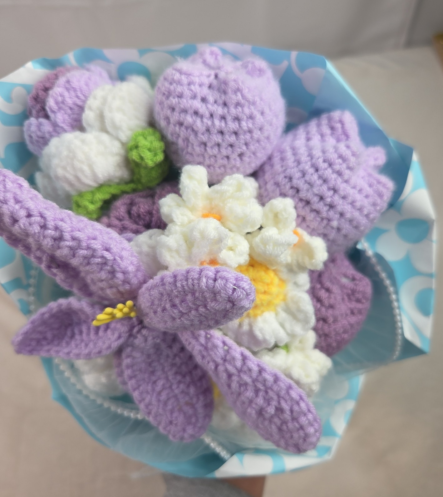Crochet Flower Bouquet Purple Handmade Knitted Flowers Rose Tulips Bunch Bundle