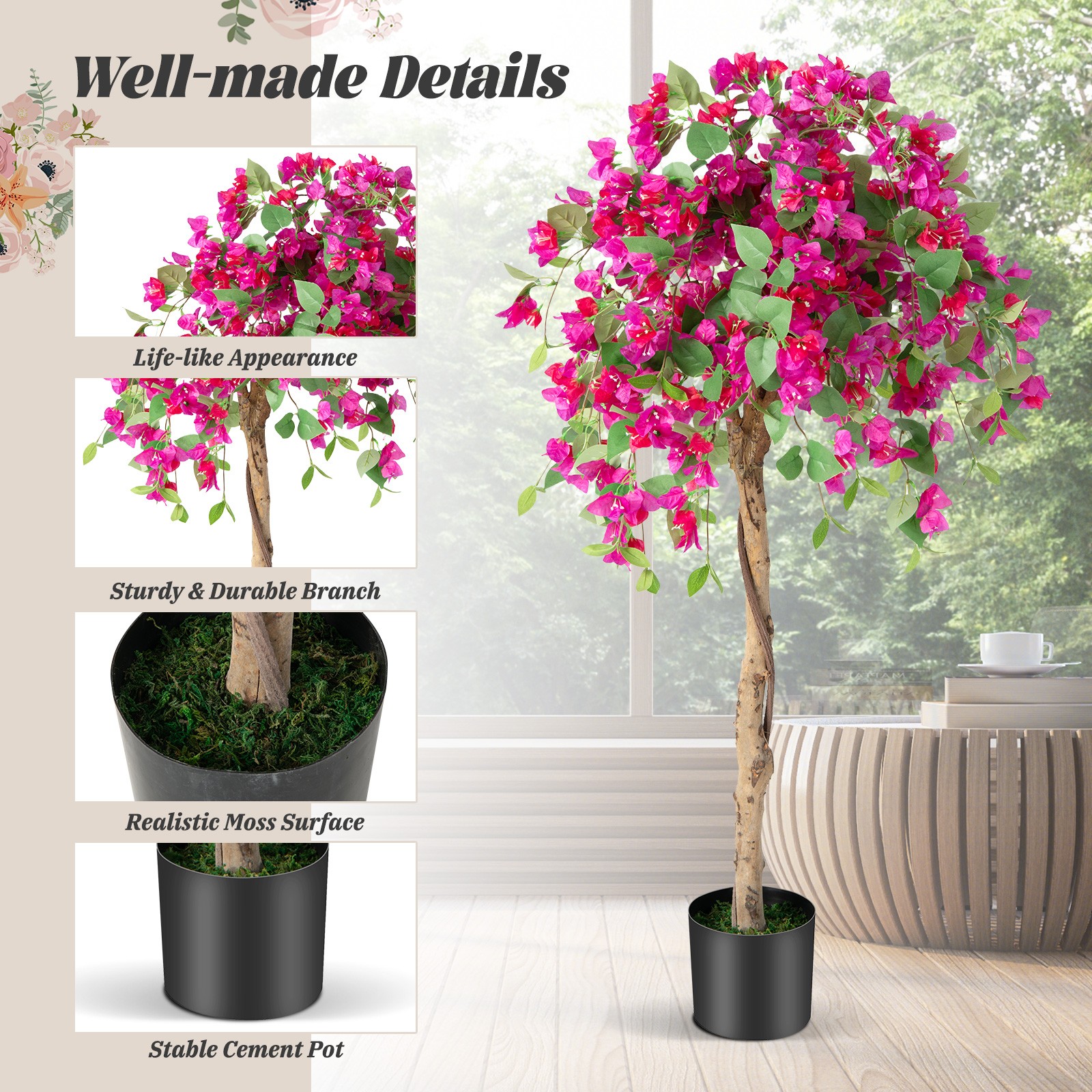 4.5 FT Artificial Azalea Tree Fake Potted Plant with 312 Flowers & 624 Leaves