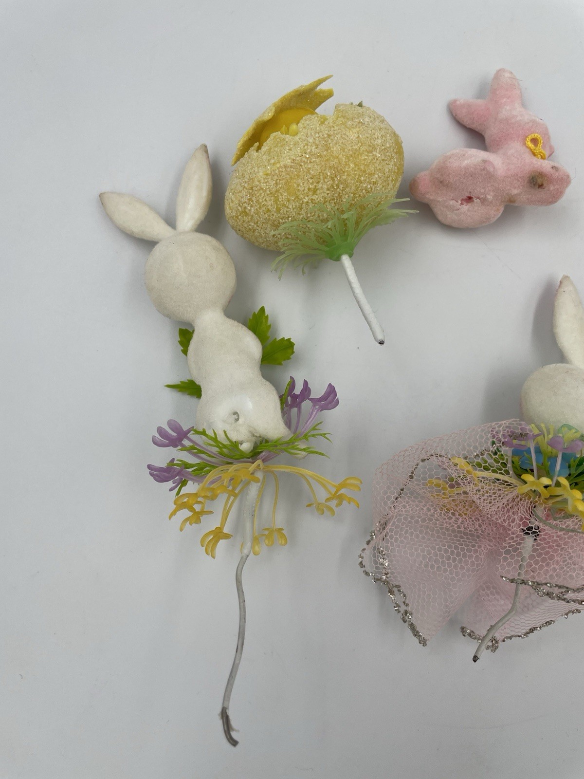 5 VTG Lot Flocked Easter Bunny Rabbit, Egg, Floral Pick Plastic Decoration A20