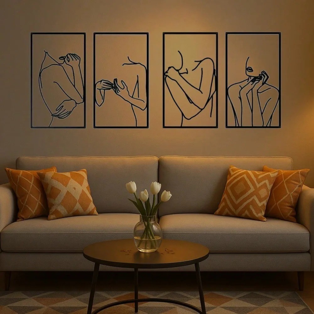 4Pcs Minimalist Black Line Woman Metal Wall Art Waterproof Rustproof Home Decor