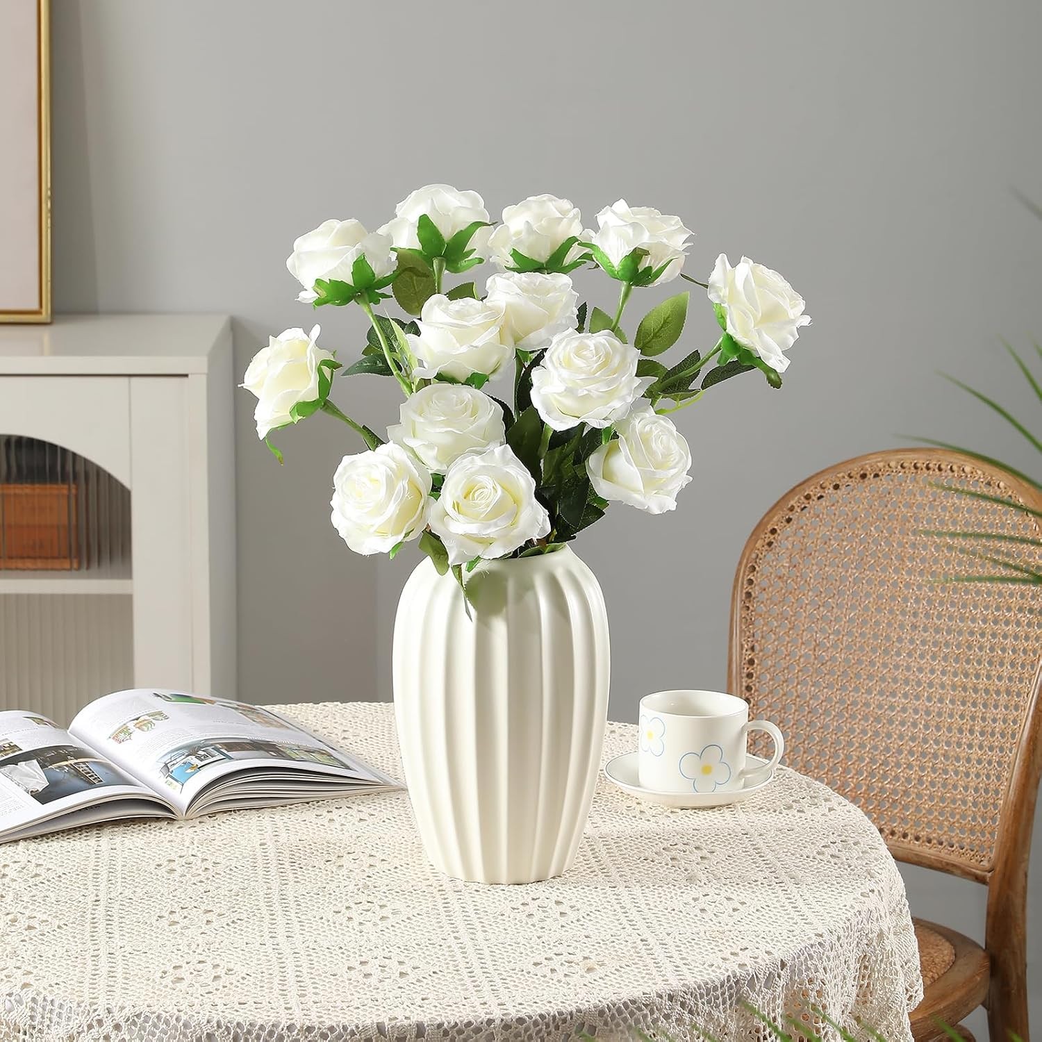 12 Pcs White Roses Long Stem, Artificial Silk Bouquet Wedding DIY