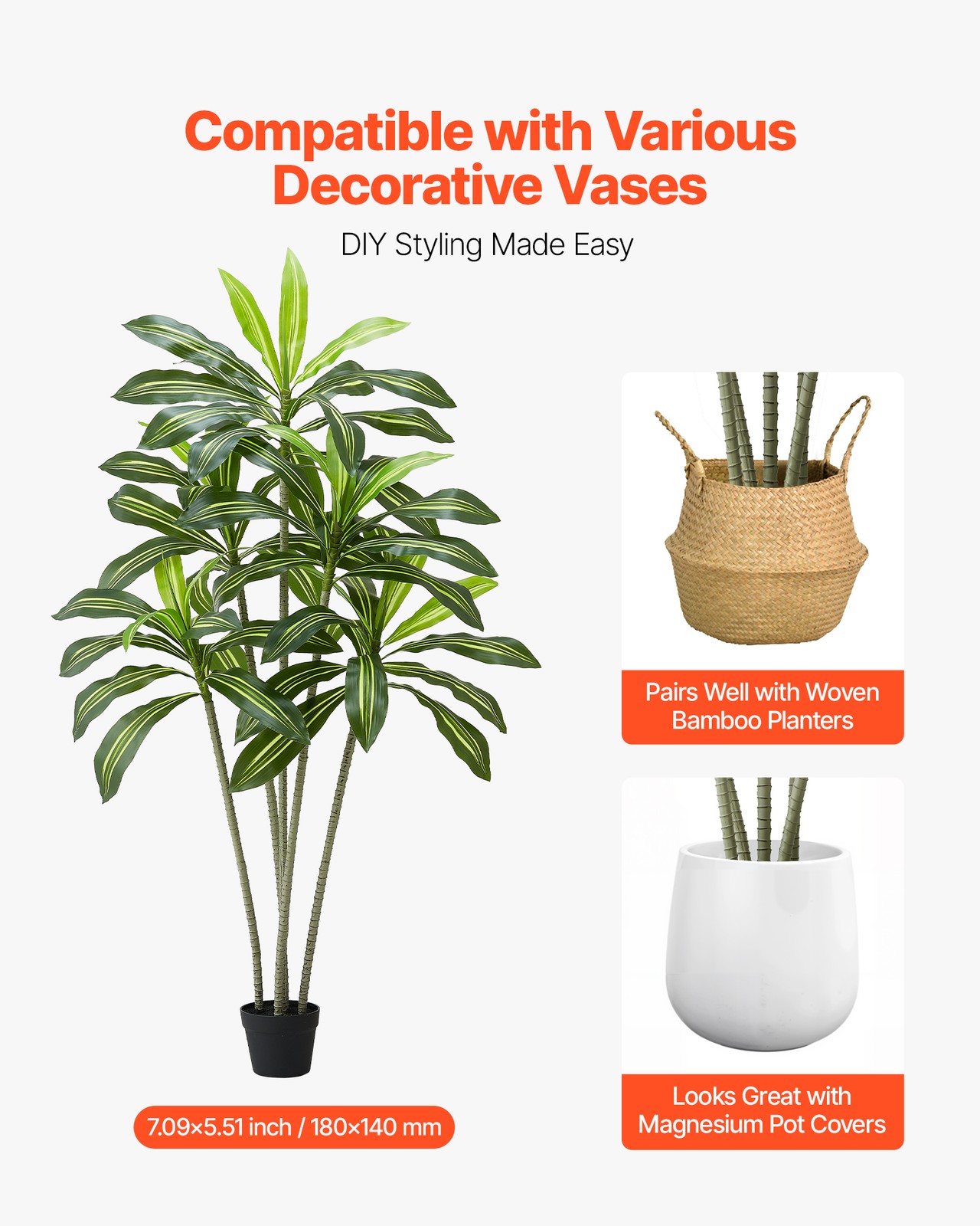 VEVOR 6ft Artificial Dracaena Tree Fake Plant with White Planter Indoor