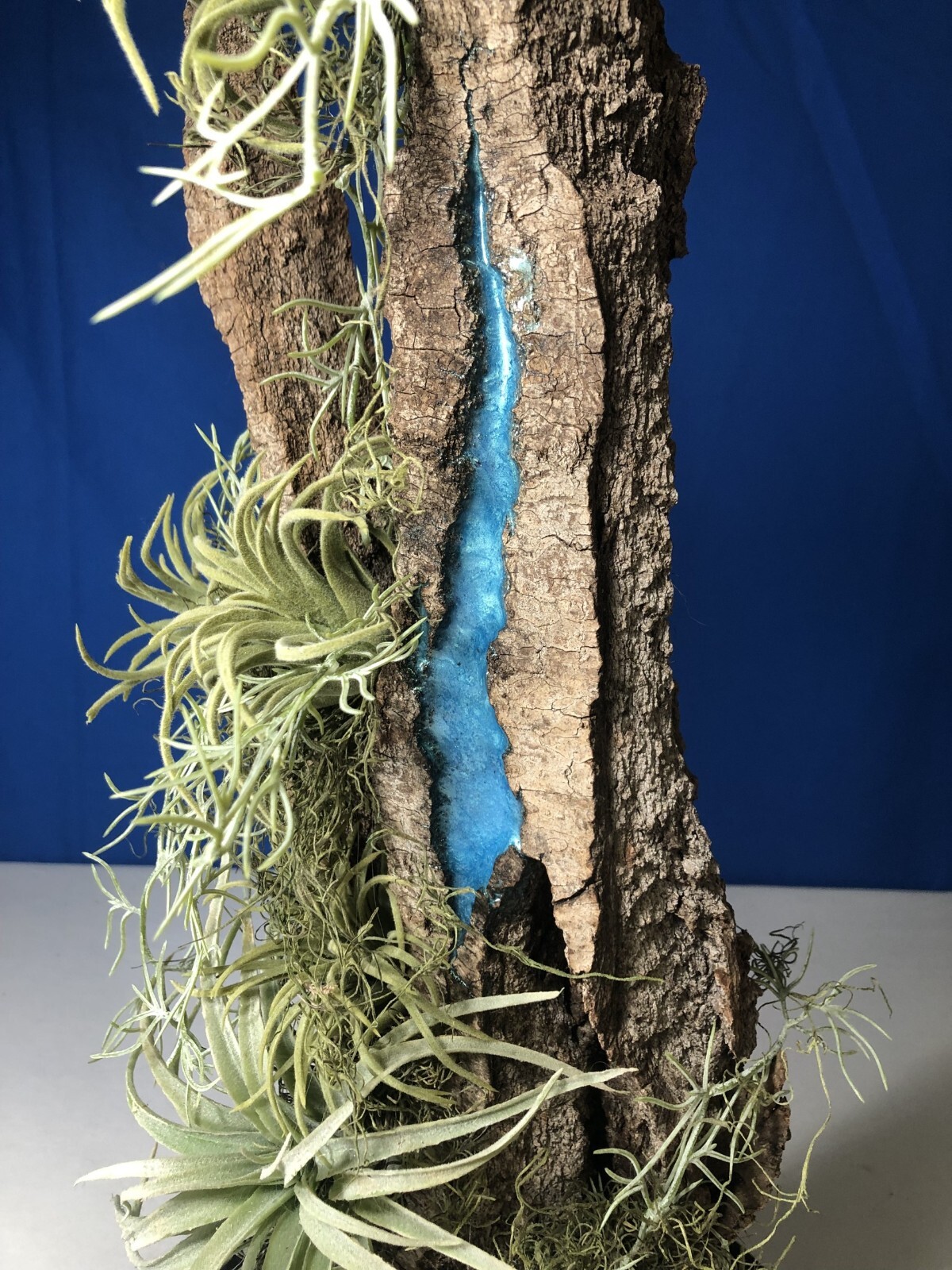 Artificial Succulent Air Plant Home Office Mounted on Real Wood Bark and Stone