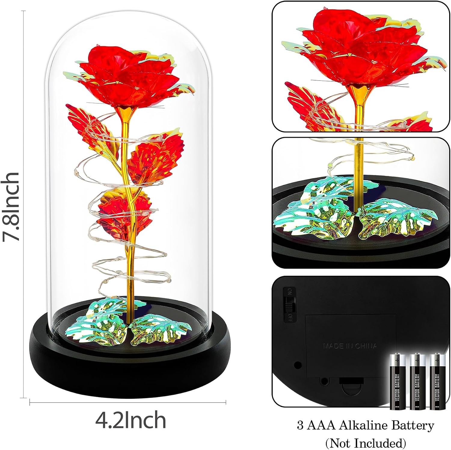 Eternal Red Rose in Glass Dome with LED Lights – Perfect Gift for Any Occasion
