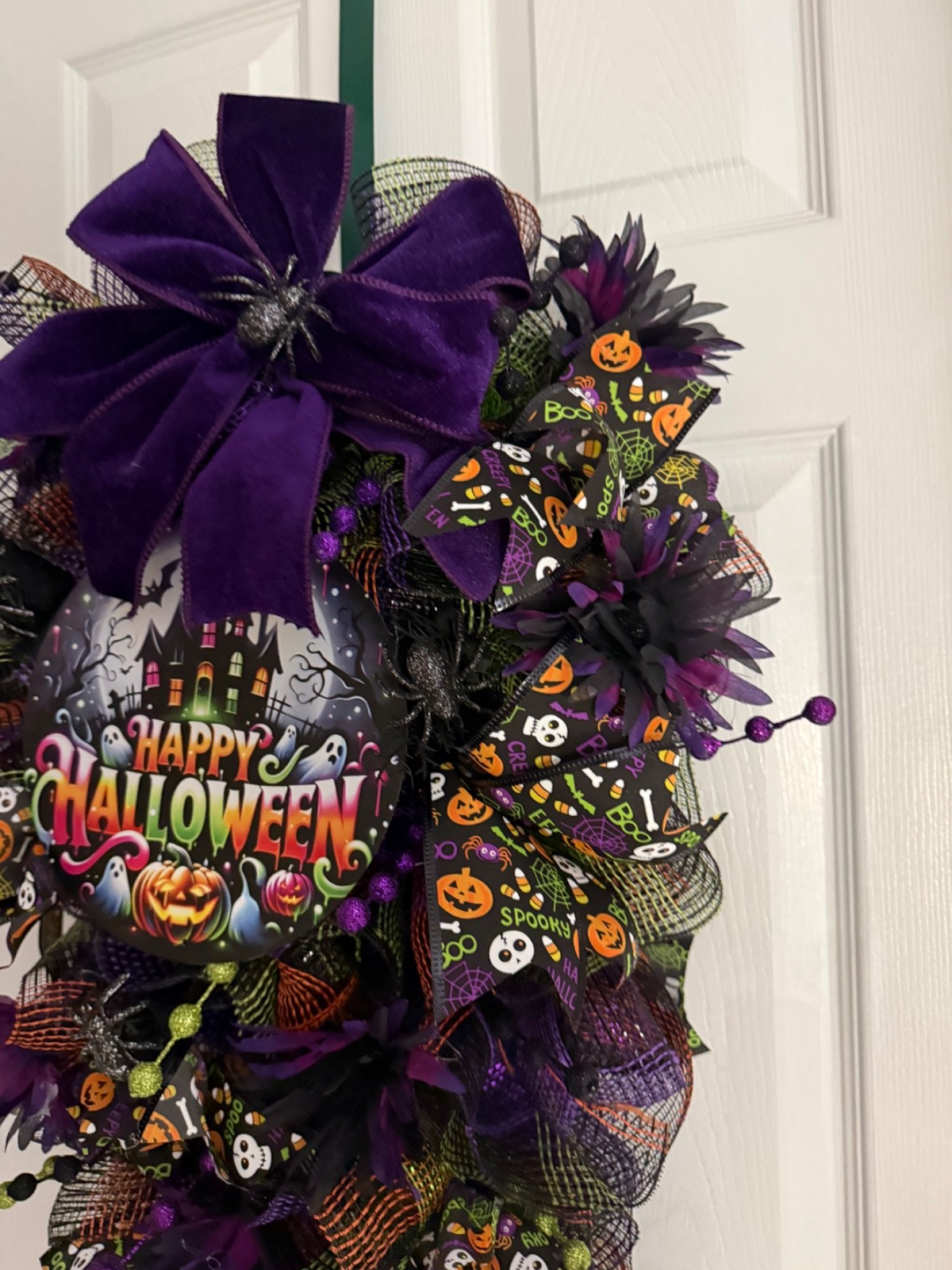 Handmade Halloween Deco Mesh Wreath | Happy Halloween Door Wreath | Purple/black
