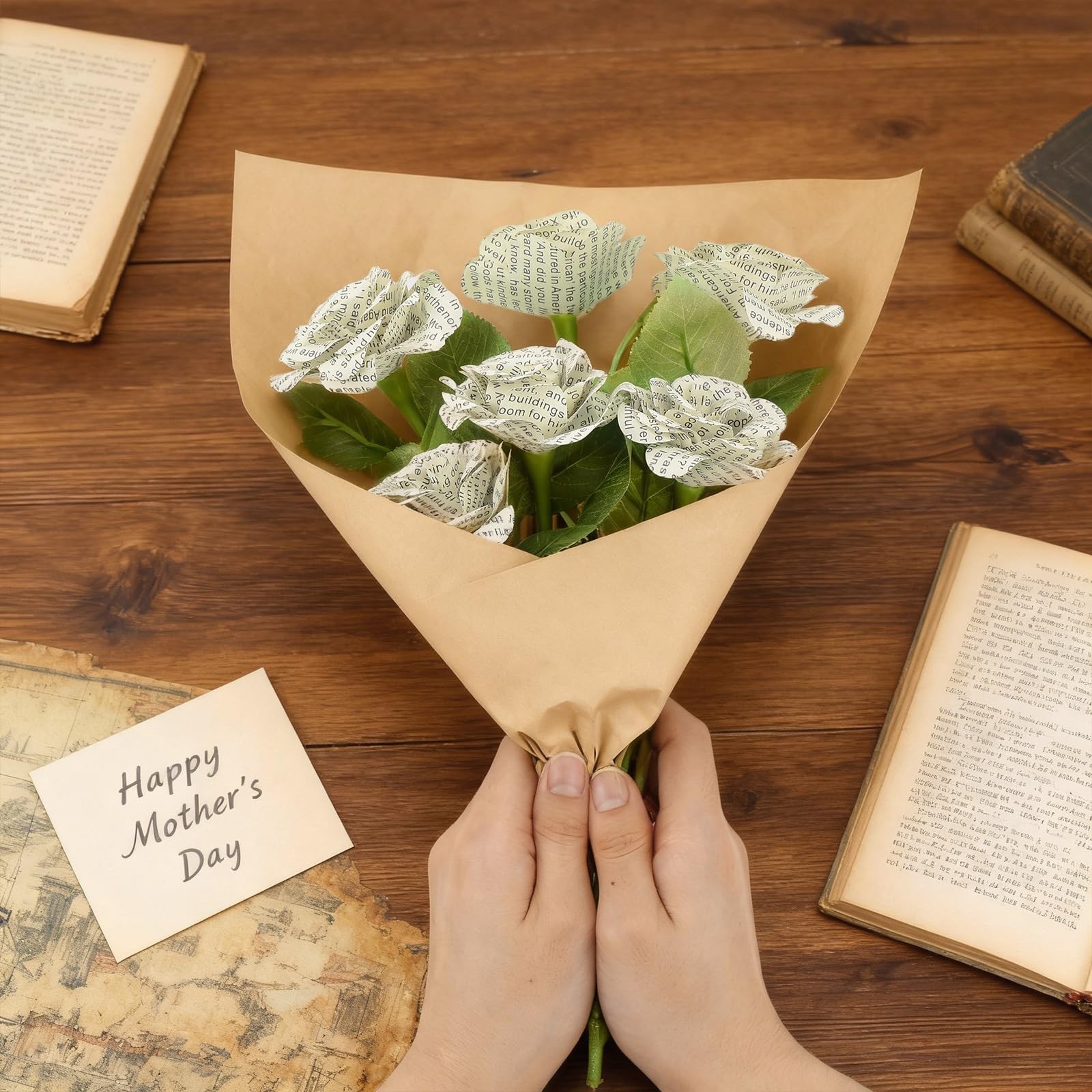 6 Pcs Rose Handmade Paper Flowers Made from English Book Pages Literary Gifts…