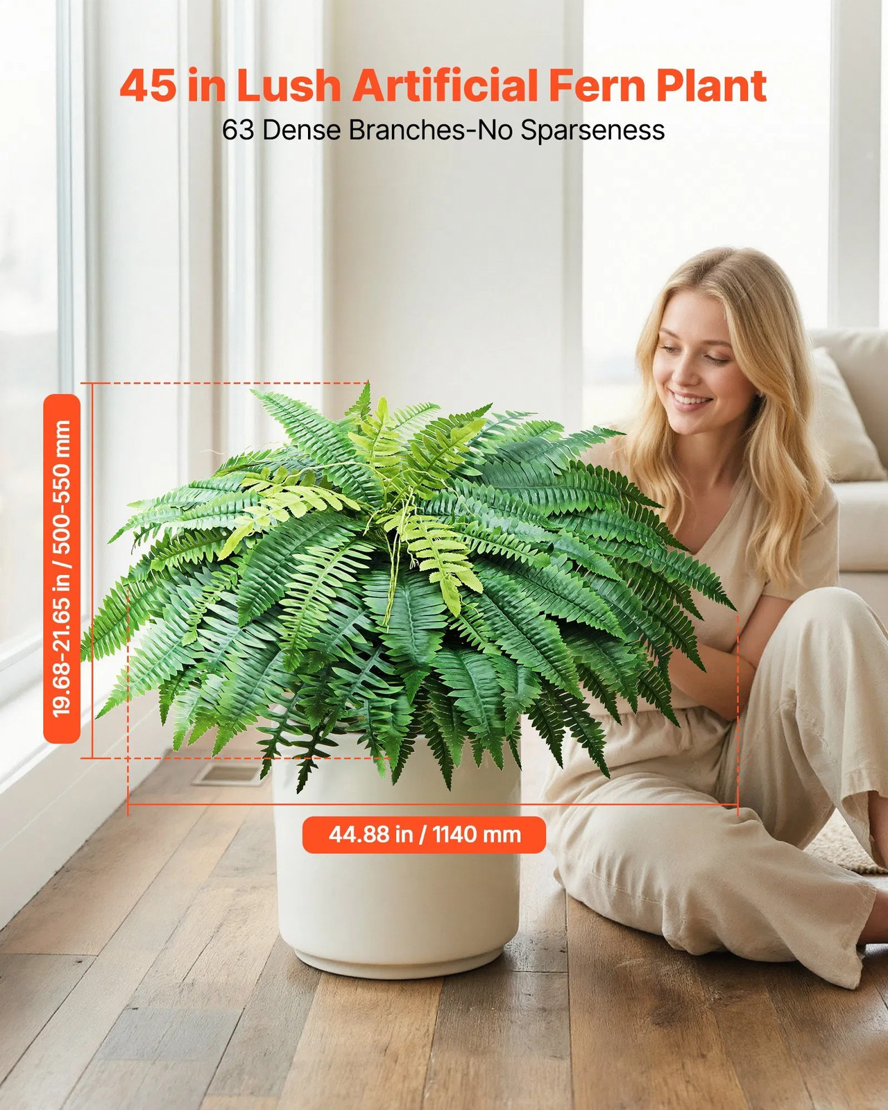 Artificial Ferns, 45 Inch Fake Boston Fern Bush Plant with 63 Fronds, Faux Gree