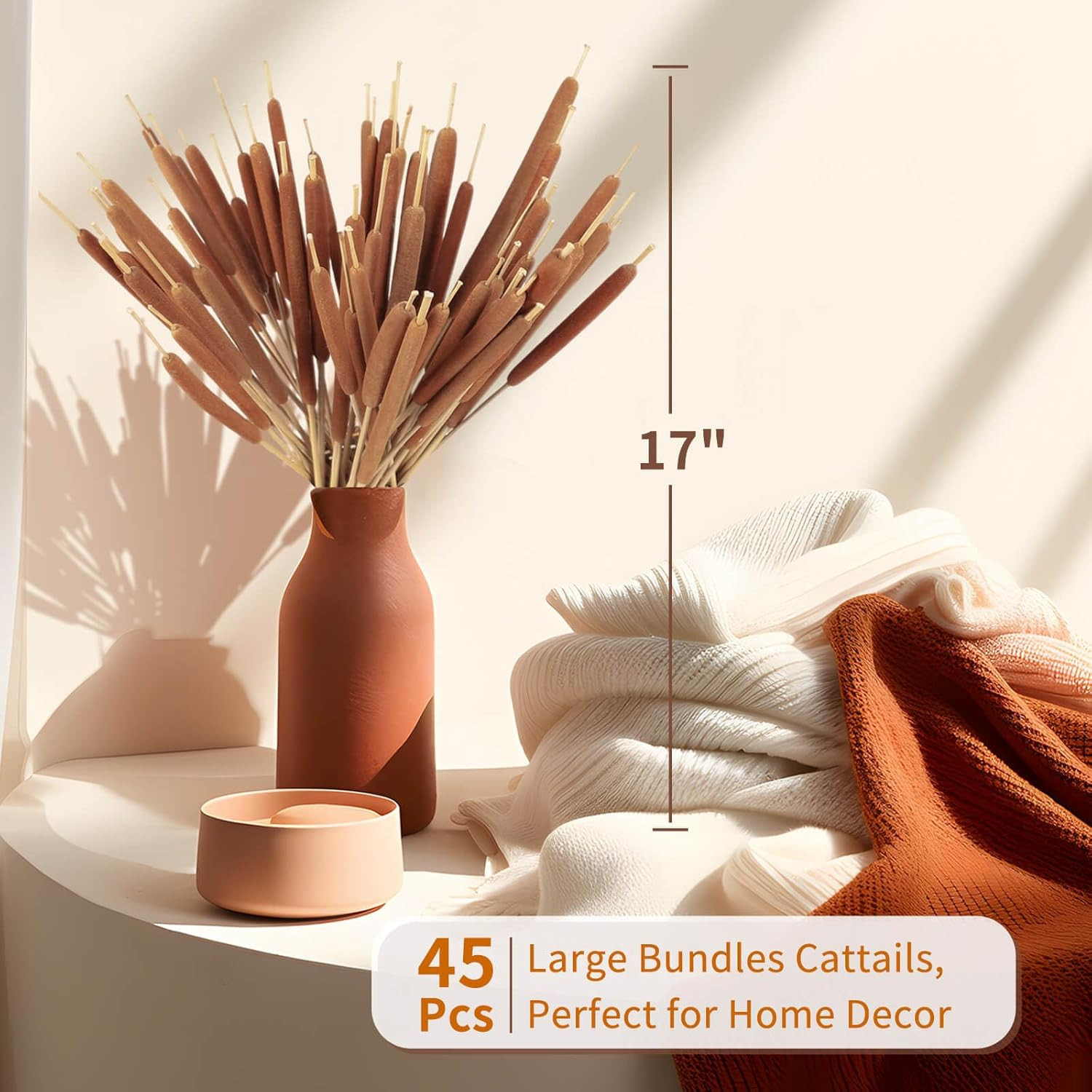 45Pcs Large Natural Brown Cattails Bundles – Dried Flowers Real Cat Tails for…