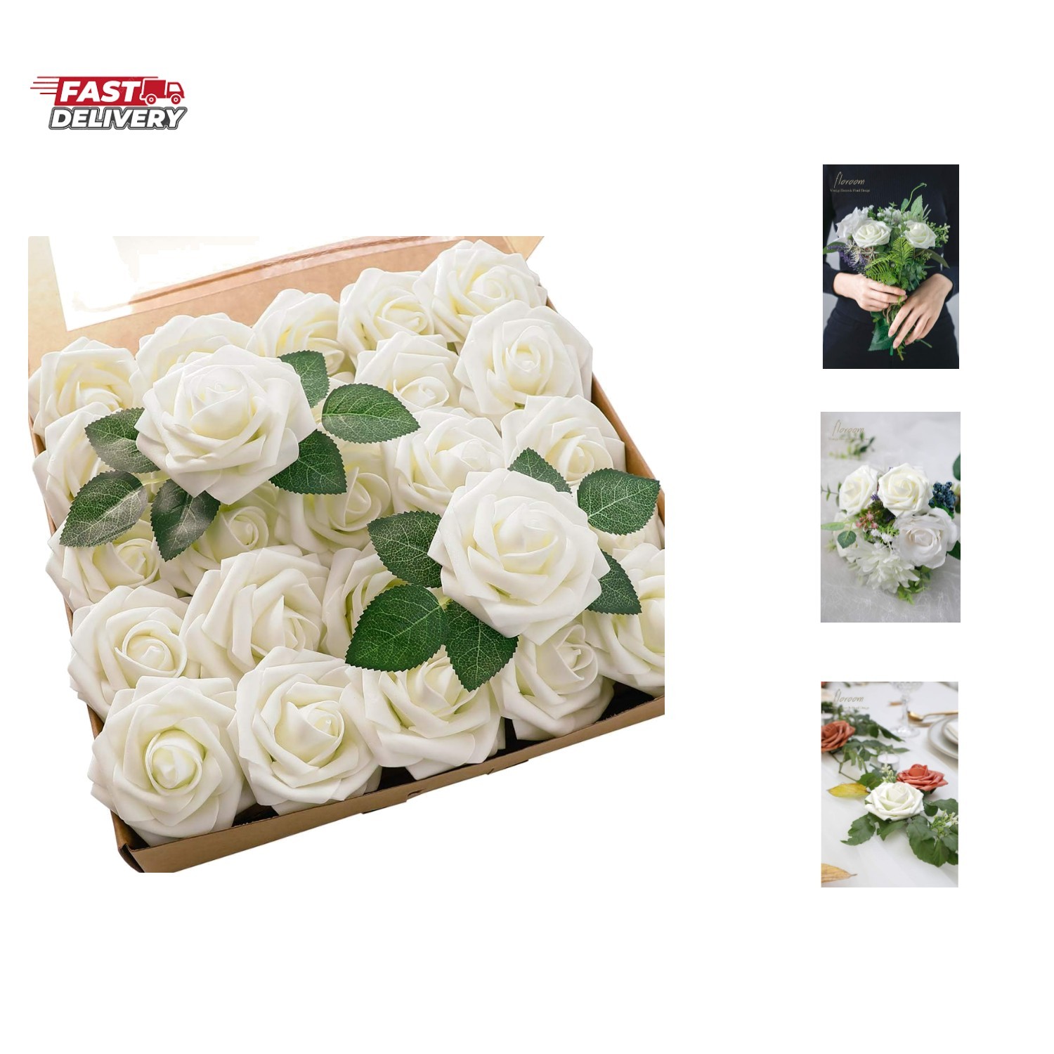 Artificial Flowers 25pcs Real Looking Ivory Foam Fake Roses with Stems for DI…