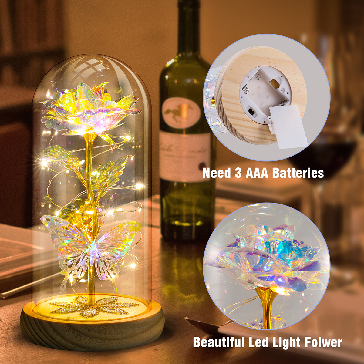 La Rose éternelle illumine le cadeau à la femme décédée dans un dôme de verre