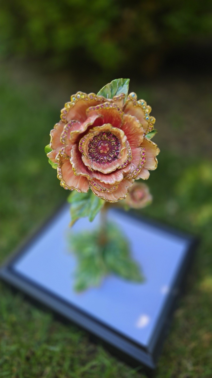 Jay Strongwater Artificial Jeweled Pink Rose Flower Stem Decor Green Leaves Gold