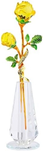 YWHL Handmade Yellow Rose Flower Crystal Figurine with Vase, Bouquet Glass Fl…