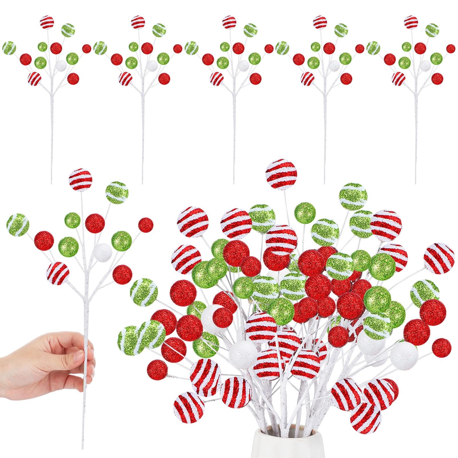 10 PCS 15 Inch Christmas Glitter Ball Picks Candy Tree Topper Striped