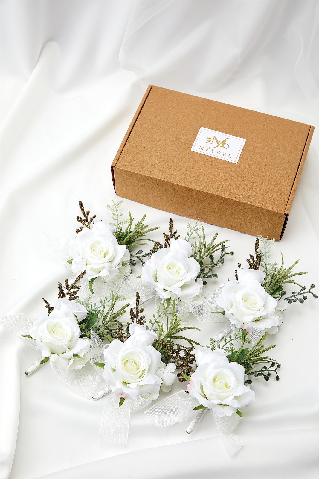 6 PCS Elegant Artificial White Rose Boutonniere For Men Wedding Prom Groom