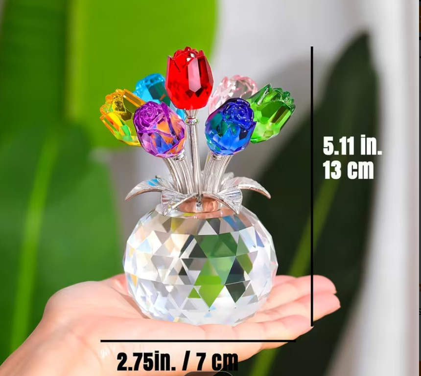 Rainbow Crystal Gemstone Rose Flower Colorful Bouquet Eternal Ornament Gift