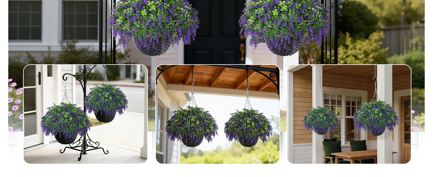 Artificial Lavender and Boxwood Hanging Basket – 2 Set for Outdoor