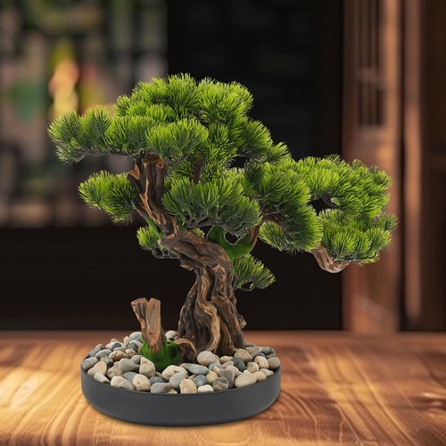 Desktop Artificial Bonsai Pine Tree Decoration Realistic Fake Plant w/ Pebbles