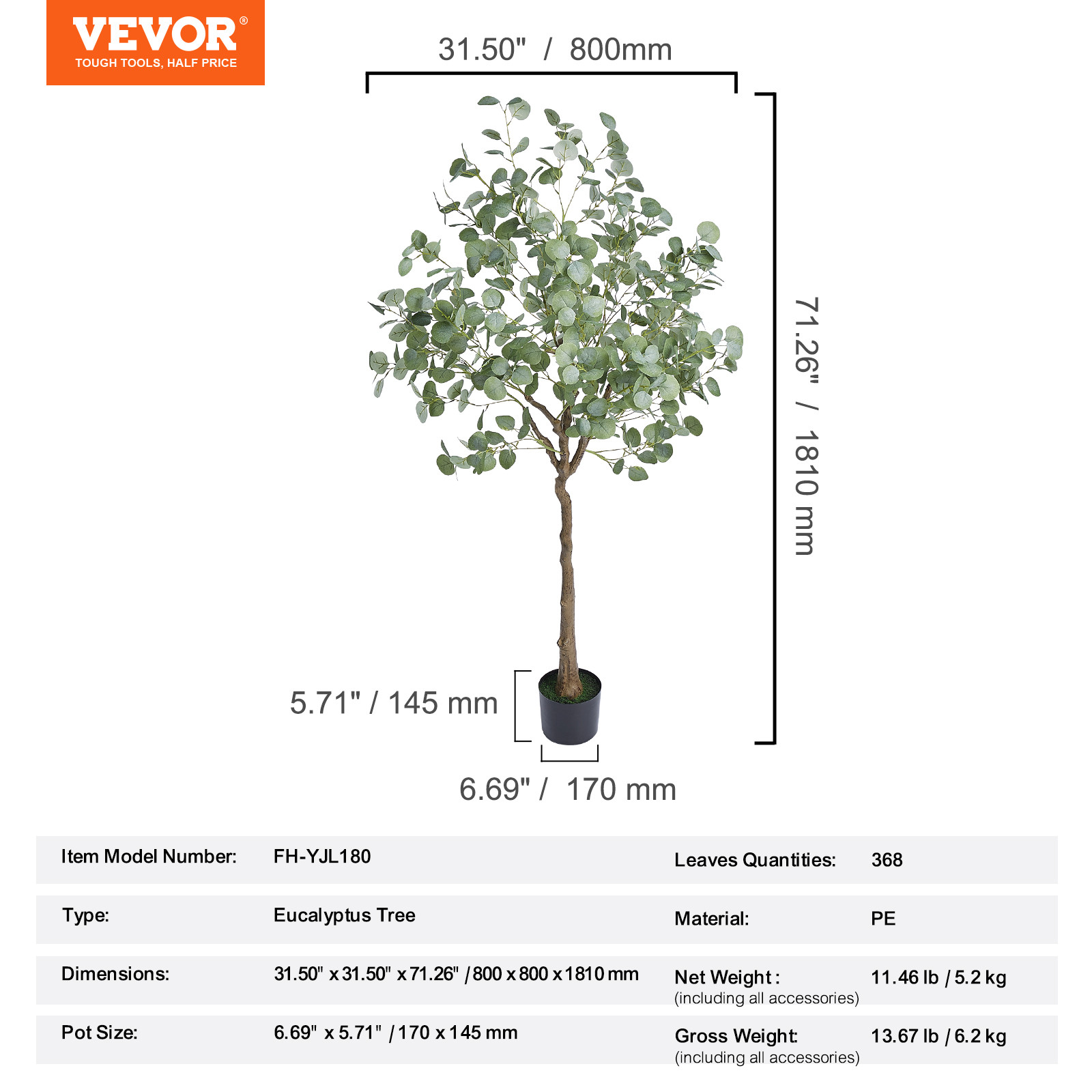 VEVOR 6FT Artificial Eucalyptus Tree Green Natural Tall Faux Lifelike Fake Plant