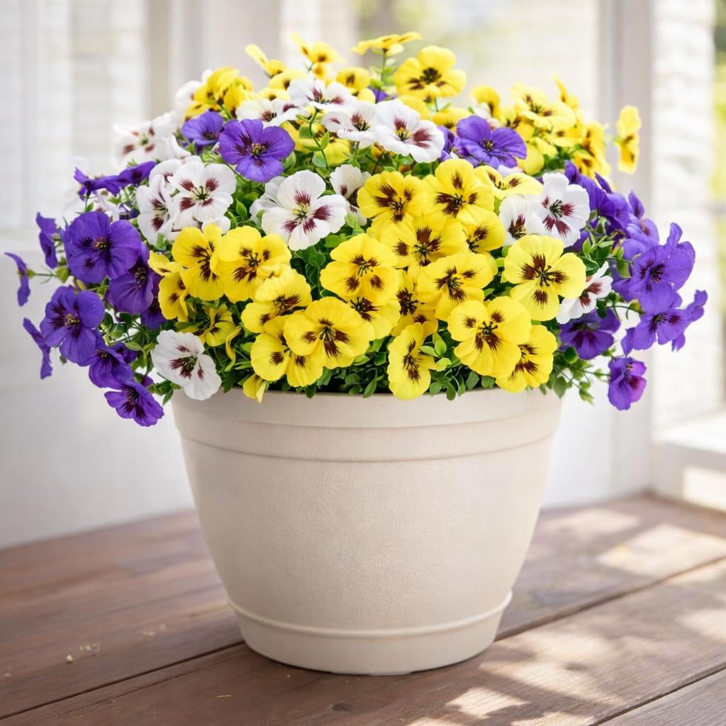 Artificial Pansies Flowers for Outdoors, 12 Pcs Faux Silk Pansy Flower UV Resist