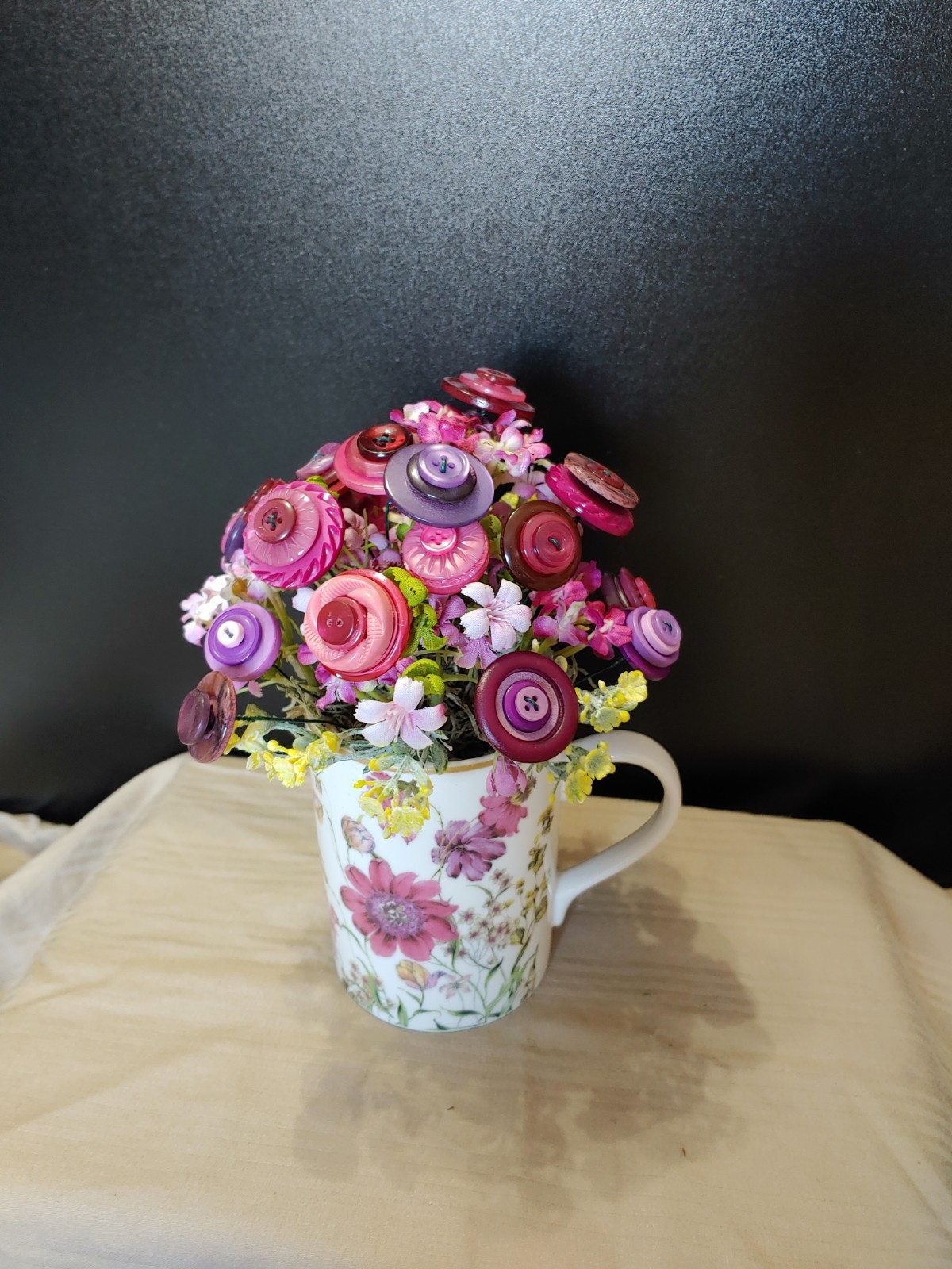 delicate floral mug with pink purple yellow BUTTON BOUQUET
