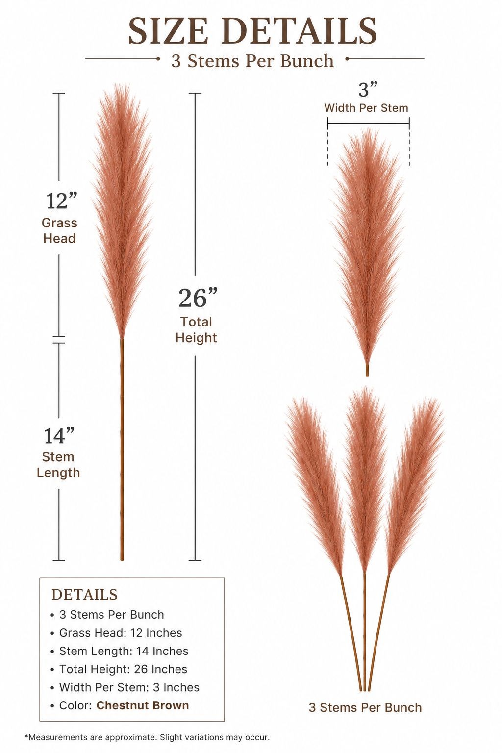 Faux Pampas Grass Bundle | 3 Chestnut Brown Pampas Stems | 26 Inch Tall Artifici