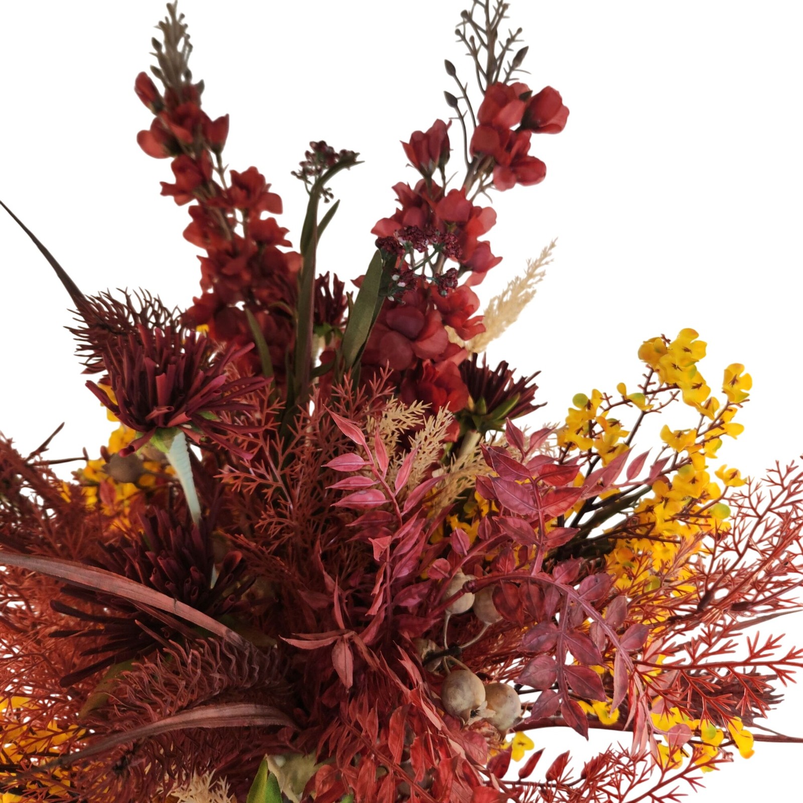 Hand Tied Artificial Flower Bouquet With Dark Reds and Yellow Wildflower mixture
