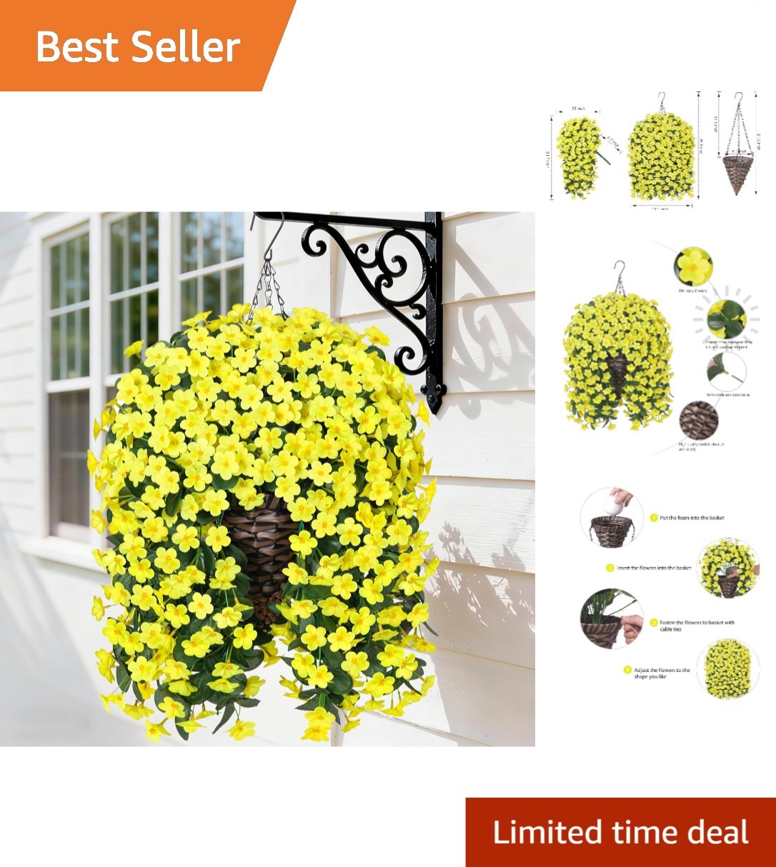 UV Resistant Faux Silk Yellow Daisy Hanging Plant Basket for -Round Decor