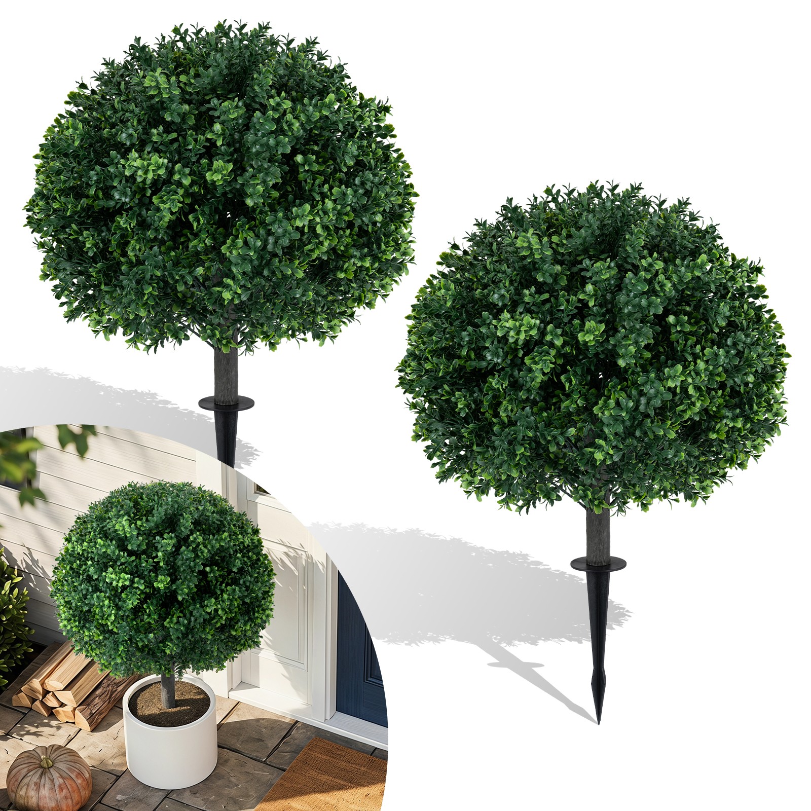 27″ Artificial Boxwood Topiary Trees Set of 2, Faux Shrubs with Ground Spikes