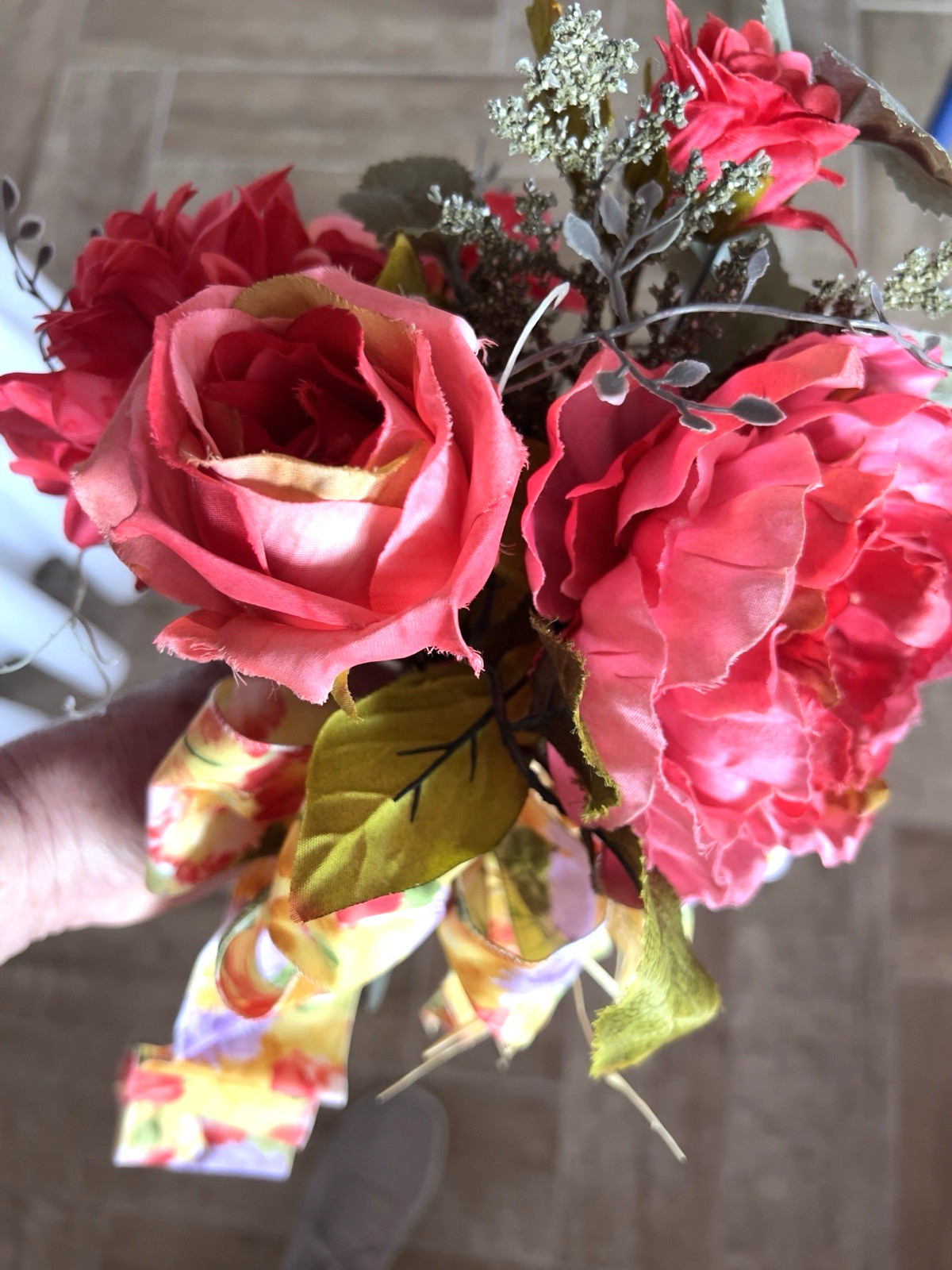 SPRING Flower BOUQUET Handmade Bow Coral Red Yellow Purple Peony Rose Zinnia