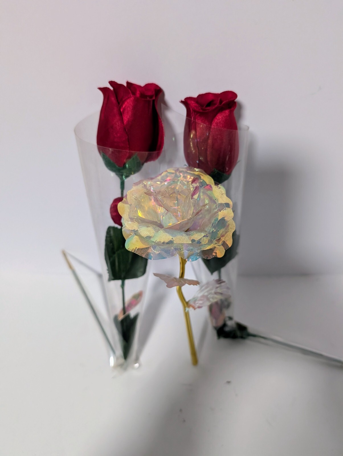 Roses Long Stem Lot of 3 Red Satin and Gold Plastic Stamped 24K Love Valentine’s