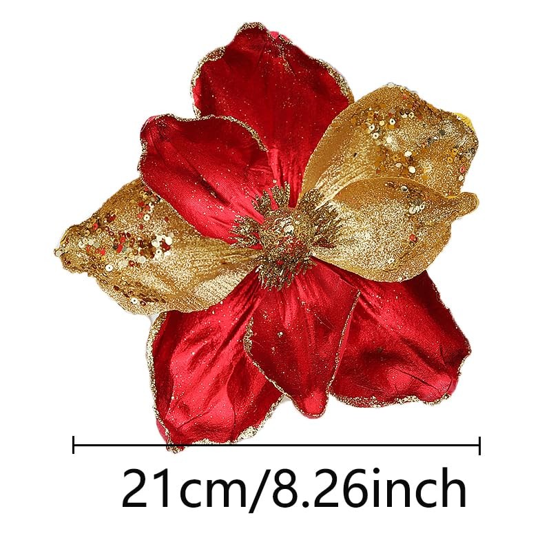 8 Pcs Christmas Tree Magnolia Flowers Ornament Glitter Red Gold 8.26 Inch