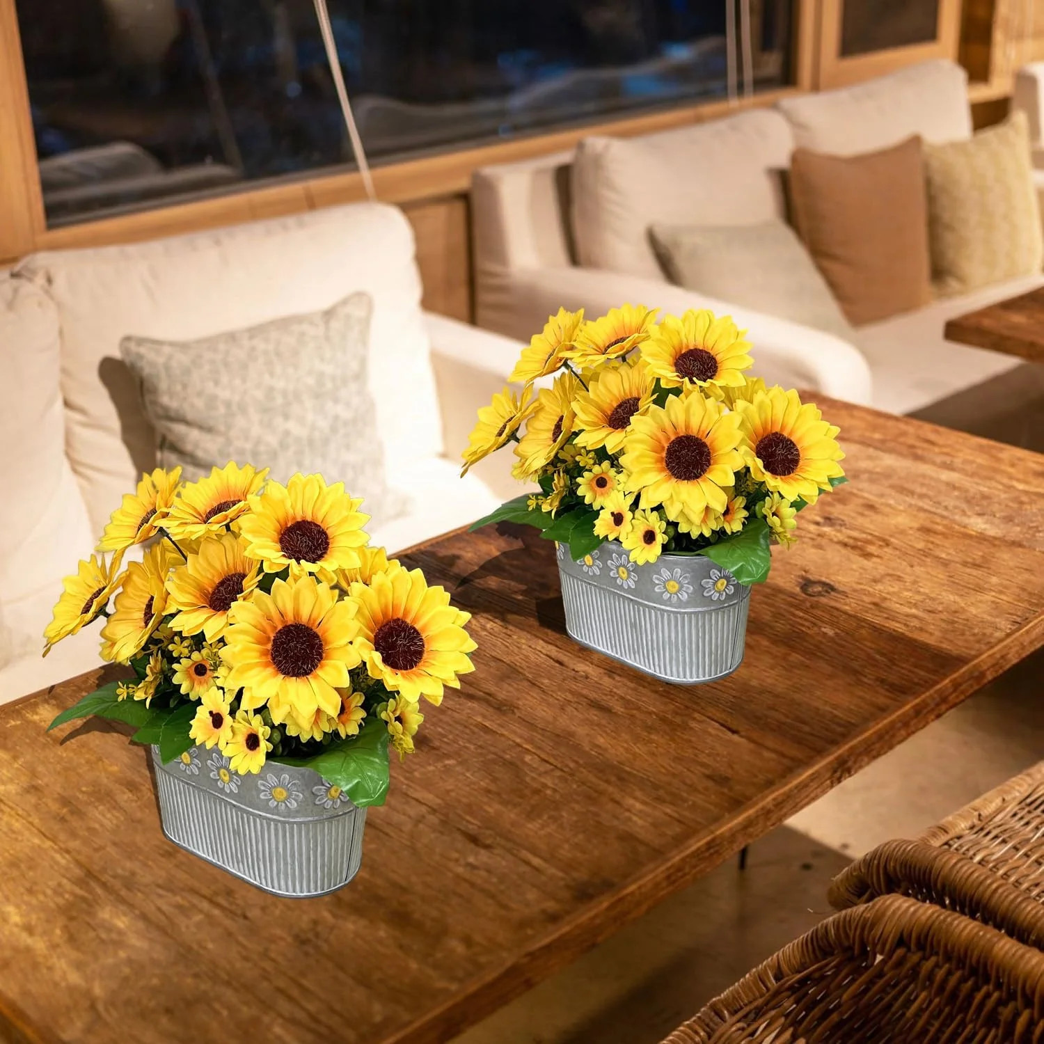 Artificial Flowers Fake Sunflowers in Pot, Faux Silk Flowers Floral Table Center