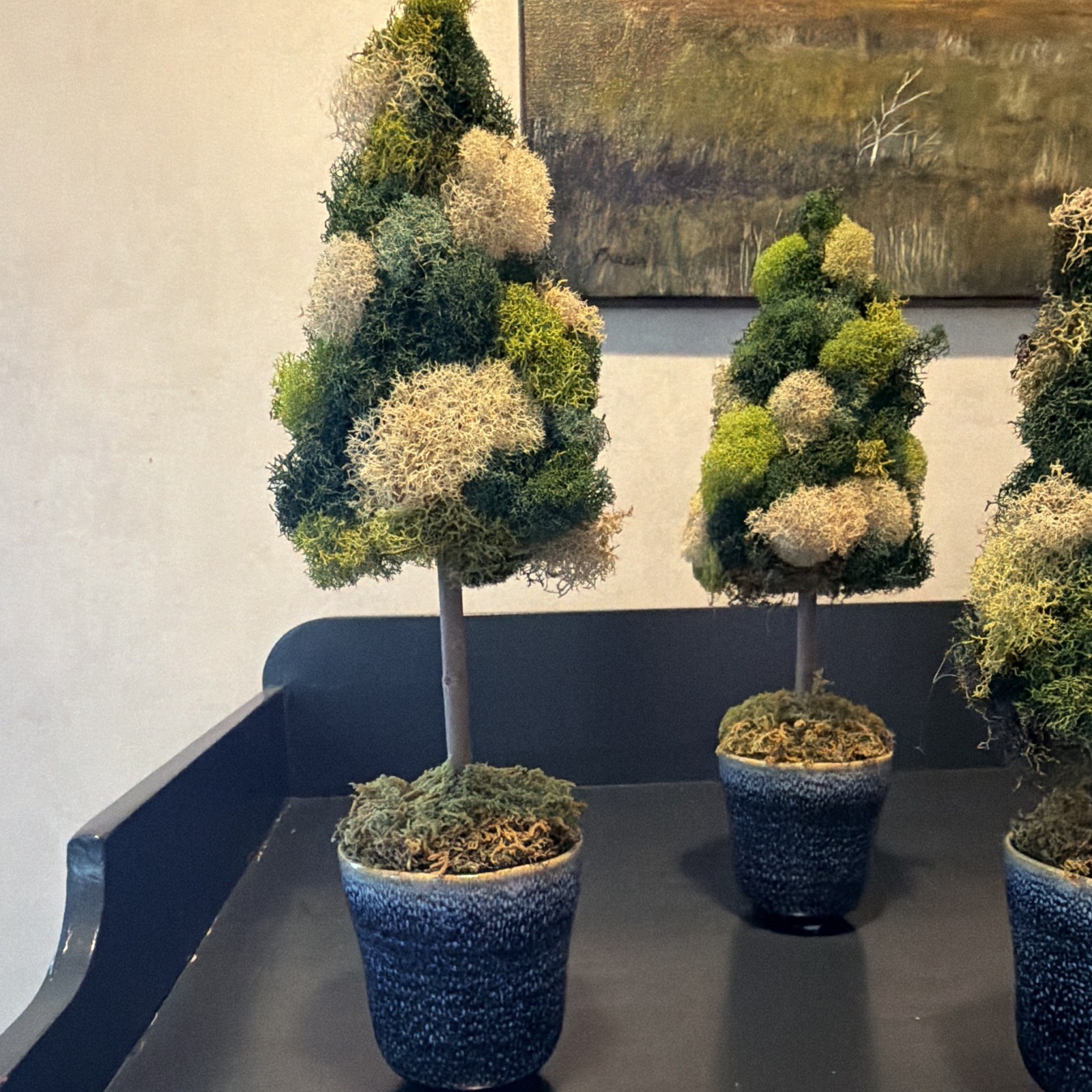 Set of 3 Artificial Moss Topiary Trees in Pots, Green/Beige Faux Topiary