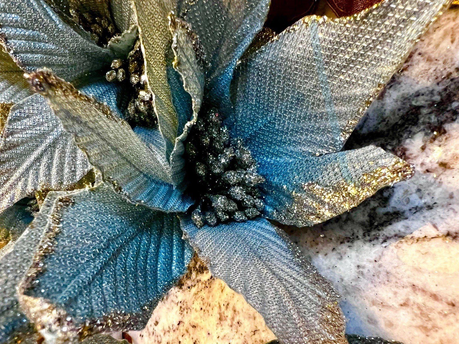 poinsettia flowers in a metallic Blue & silver used as decorations for Christmas