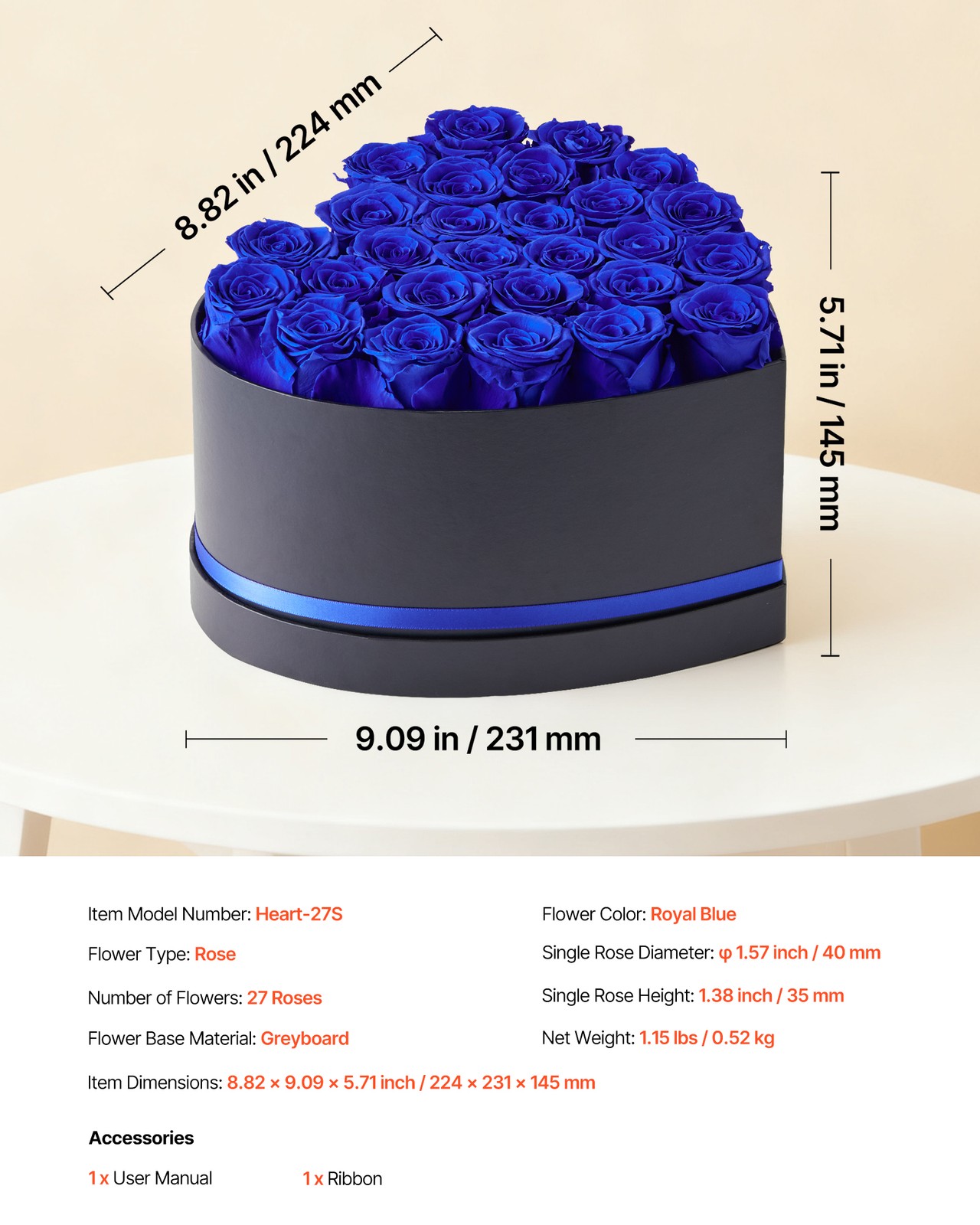 VEVOR Forever Flowers 27 Preserved Roses Heart Box Eternal Bouquet Royal Blue