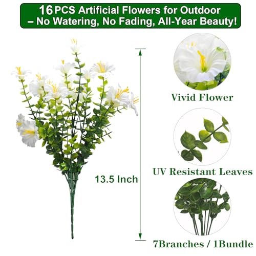 Grunyia Artificial Morning Glory Flowers – 16PCS UV Resistant Faux Silk White