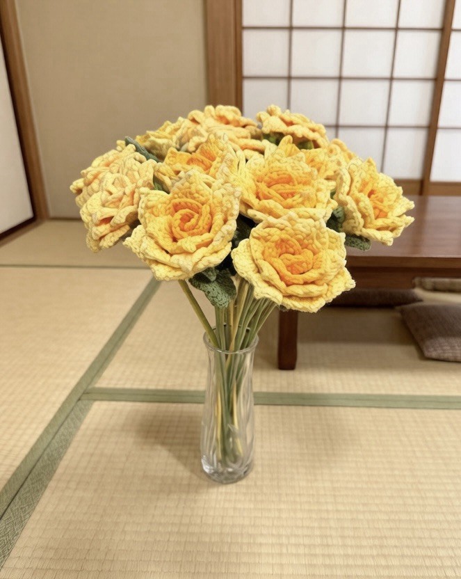 12 PCS Crochet Yellow Roses, Handmade Forever Flower Bouquet