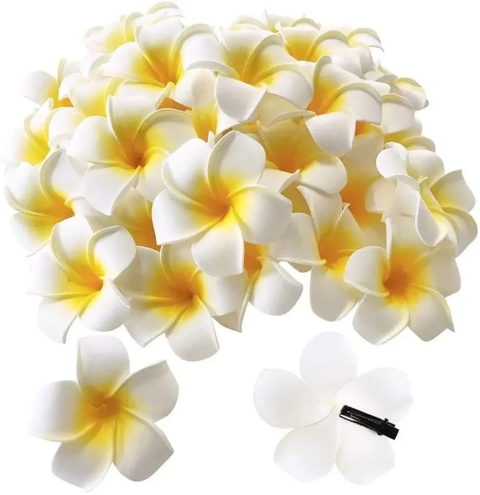 50Pcs 2.4″ White Foam Hawaiian Frangipani Artificial Plumeria Flower Hat Hair
