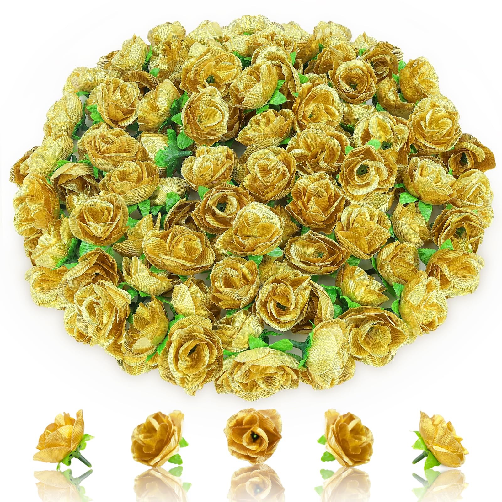 100 PCS Gold Rose Heads Artificial Flowers Small Faux Floral Wedding Decor