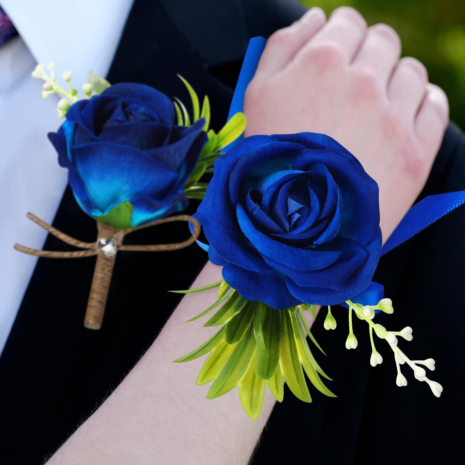 4 PCS Wedding Party Corsage Boutonniere Set Blue Rose Wrist Band Groom Men Decor