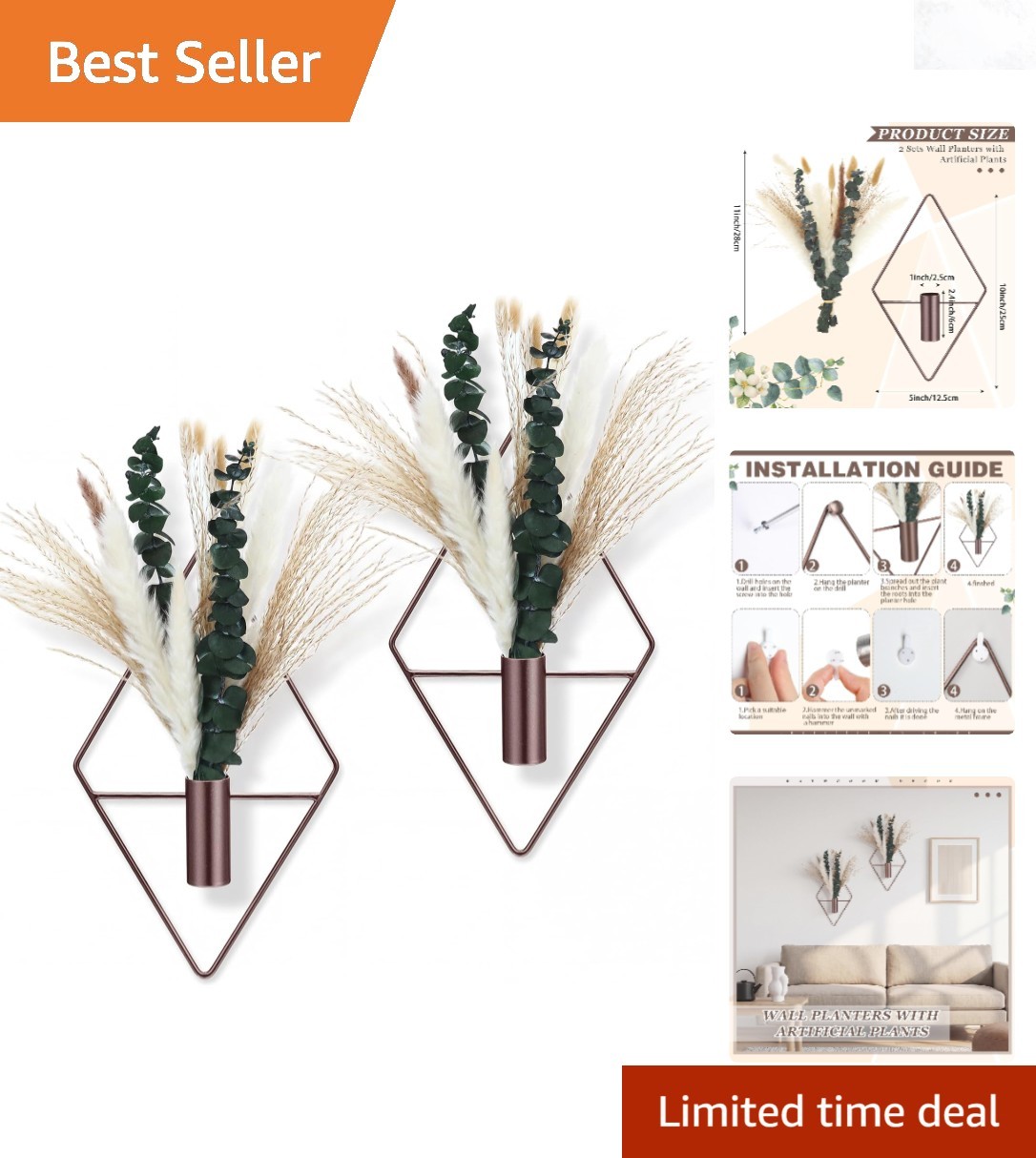 4 Pcs Metal Wall Hanging Planters with Fake Plants Eucalyptus Pampas Grass In…