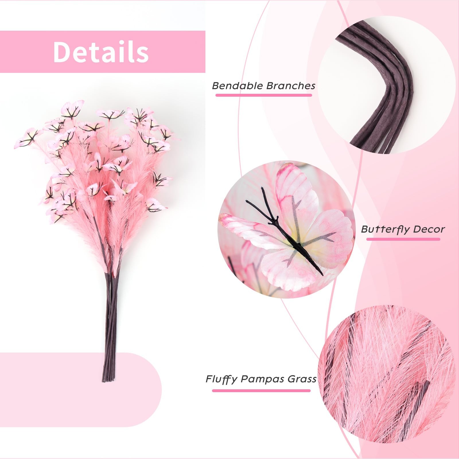 26″-10 Stems Pink Pampas Grass Decor, Artificial Pampas Grass with Butterfly …
